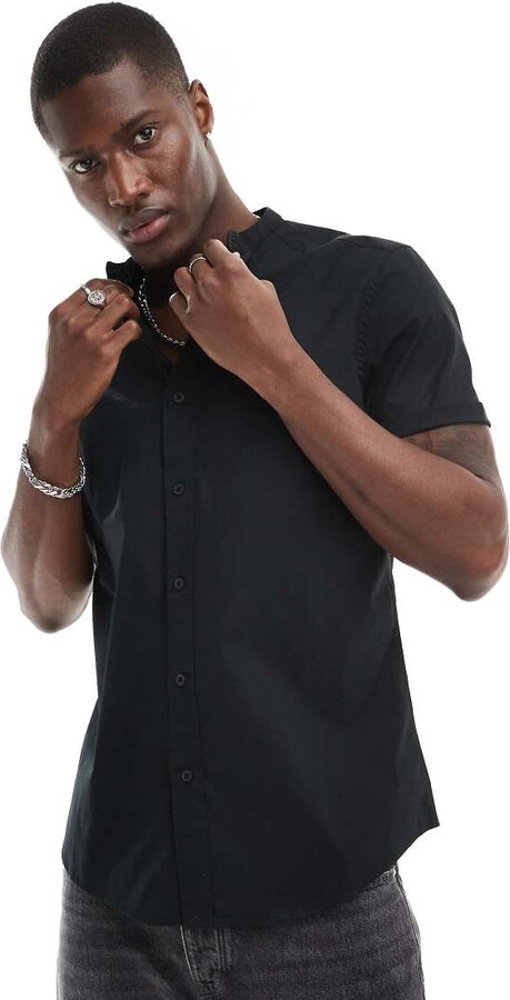 Collarless Shirt Black Slim Fit Grandad Collar Shirt Black Grandad