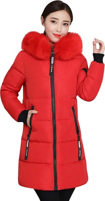 HOMEBABY Women Winter Coat Women Long Cotton Padded Coat Faux Fur Hooded Winter Parka Down Lammy Jacket Ladies Warm Quilted Padded Lightweight Trench Outwear Long Sleeve Tops Cardigan Pink