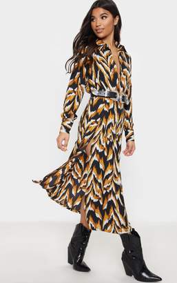 PrettyLittleThing Black Tiger Print Long Sleeve Midi Shirt Dress