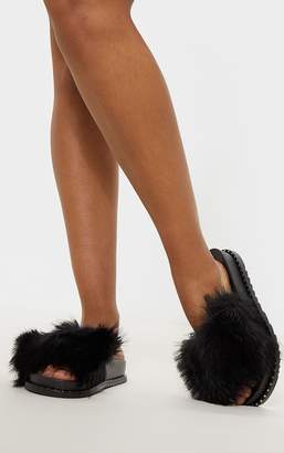 PrettyLittleThing Black Faux Fur Studded Slider