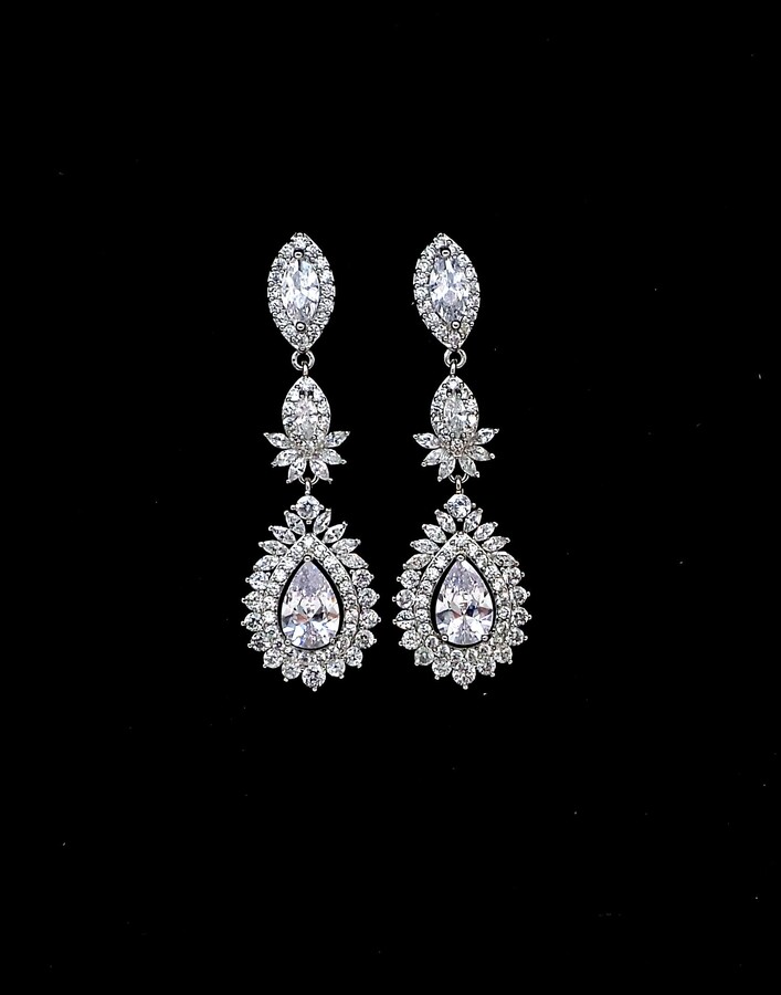 Bridal Jewelry Wedding Christmas Bridesmaid Prom Party Gift Clear White Teardrop Aaa Cubic Zirconia Post Halo Rhodium Earrings