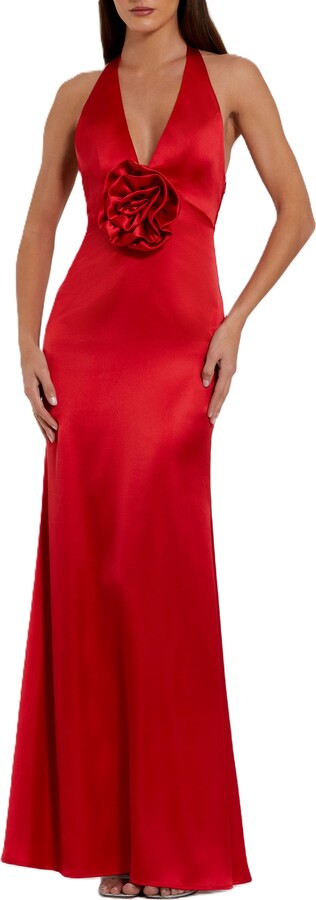 Mac Duggal Women's Fitted Satin Sleeveless V Neck Gown With 3D Flower