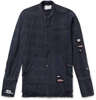 Greg Lauren Slim-Fit Distressed Patchwork Striped And Checked Cotton-Twill Shirt
