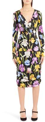 Dolce & Gabbana Iris Print Ruched Stretch Silk Dress