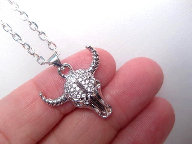 Silver Bull Necklace ~ Skull Longhorn Cowgirl Horns Head Horn Custom Chain Length