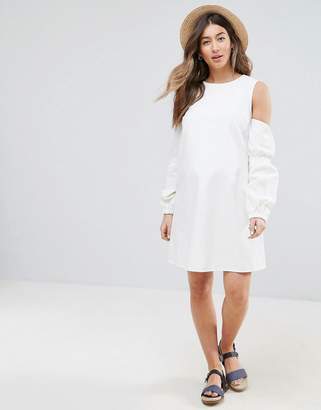 ASOS Maternity MATERNITY Denim Shift Dress in White With Puff Sleeve and Cold Shoulder