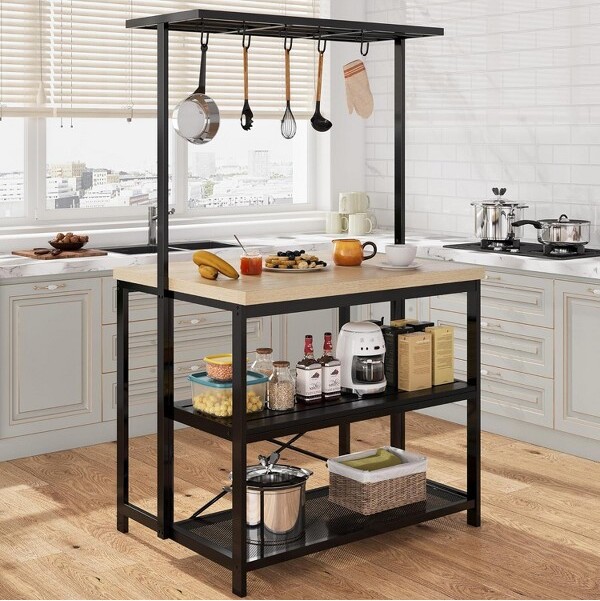 Jojoka KitchenIslandwithWheels-MicrowaveStand&Baker'sRackwith3-TierStorageShelves5Hooks