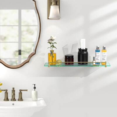 Glass Shelf For Bathroom,20-Inch Gold Glass Bathroom Shelf Modern Stainless Steel Tempered Glass Floating Shelf Wall Mount Accessories