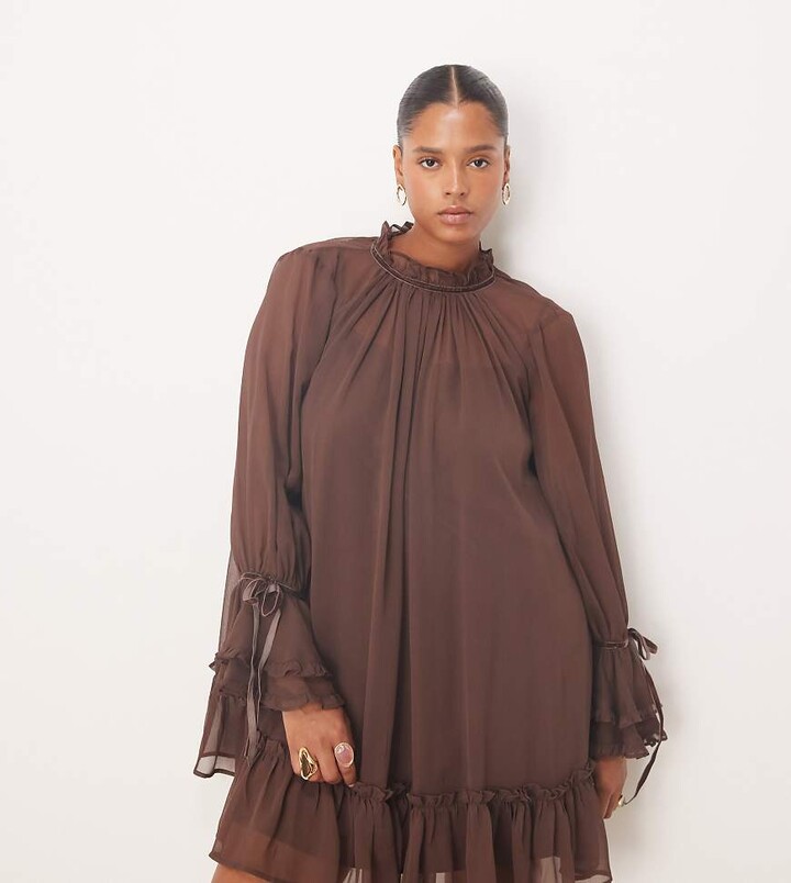 ASOS Curve ASOS DESIGN Curve smock mini dress with tiered ruffle cuffs and velvet bows in chocolate