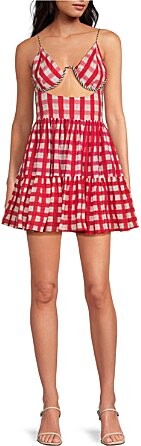 Mo Maya Runa Check Print V-Neckline Sleeveless Mini Dress