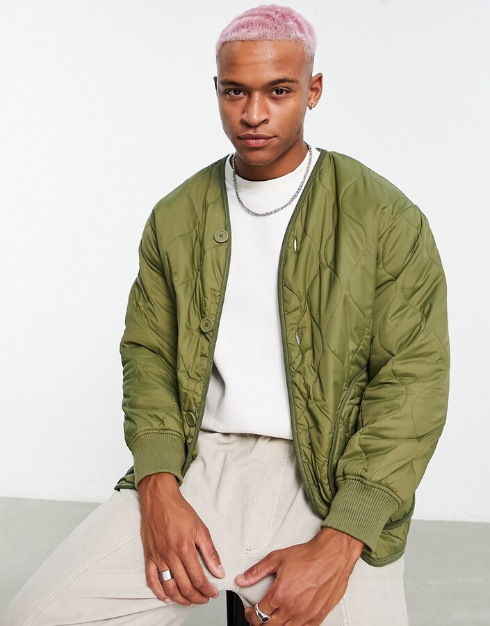 Bershka oversized onion quilted liner jacket in khaki - ShopStyle