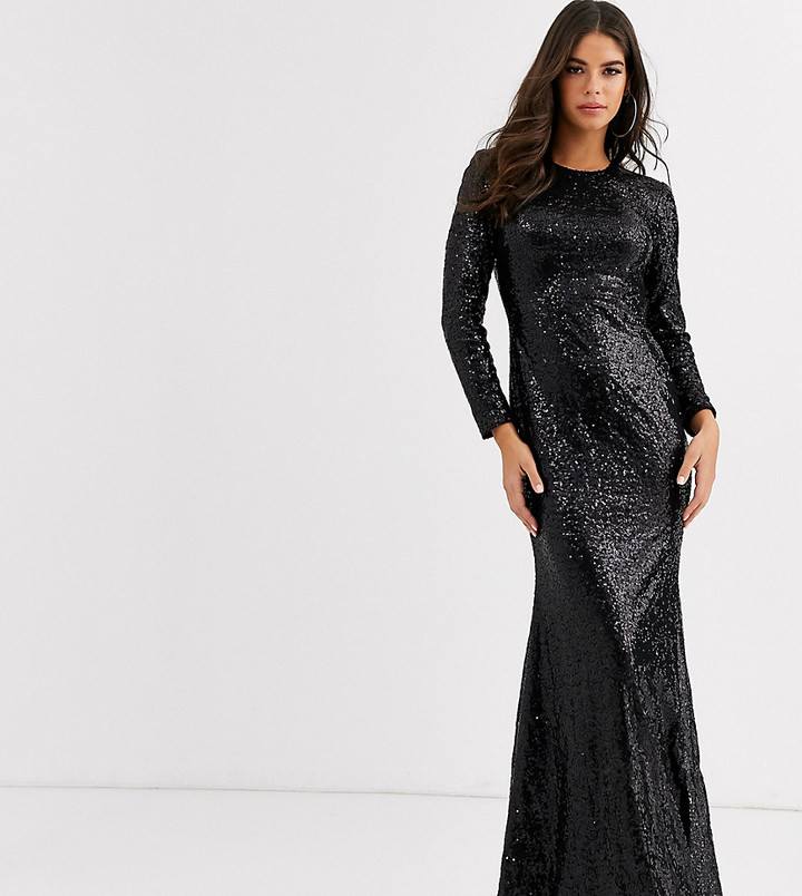 Club L London Tall sequin open back fishtail maxi dress in black - ShopStyle