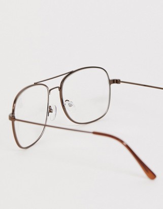 clear ASOS DESIGN aviator fashion glasses in dark copper metal with lenses