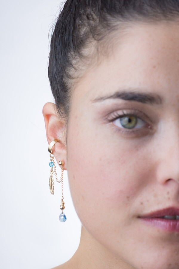 Etsy Gold Feather Dangling Ear Cuff Earring Set, Light Blue Swarovski Crystal Cuff, Dangle & Matching, Elegant Missmatched Earrings