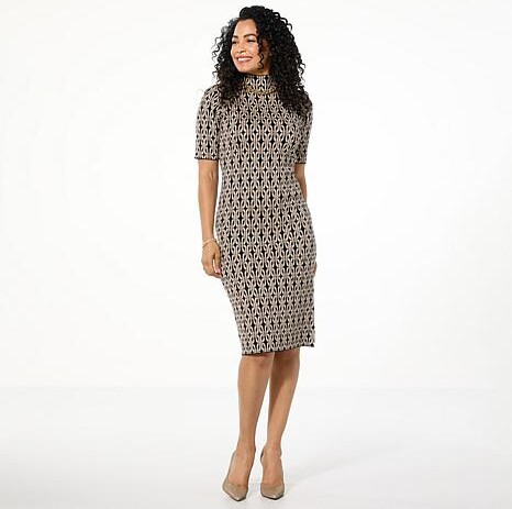 Nina Leonard Mock Neck Jacquard Sweater Dress - Black - Size Small