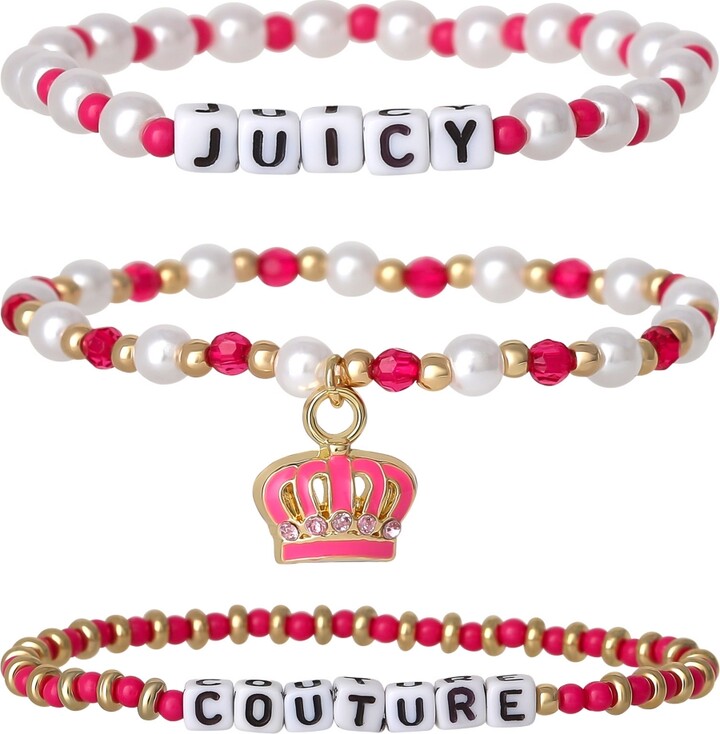 Juicy Couture Crown Charm 3 Piece Beaded Jewelry - Pink, white, gold