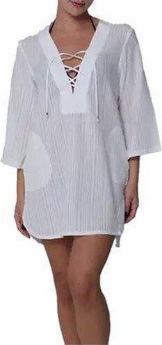 J Valdi Women's Matira Lace Neck Big Shirt Swim Cover Up Small White