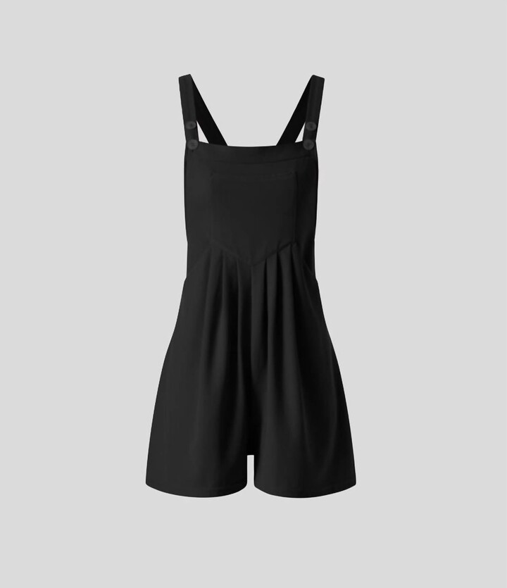 Halara Adjustable Strap Button Multiple Pockets Plicated Waffle Casual Short Overalls In Black