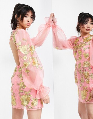 ASOS EDITION embroidered organza mini dress with puff sleeve in pink