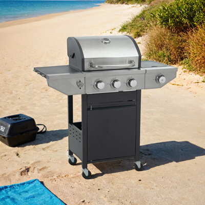 VOLBAL 3-Burner Propane Gas BBQ Grill with Side Burner Stainless Steel 37000 BTU Black and Silver