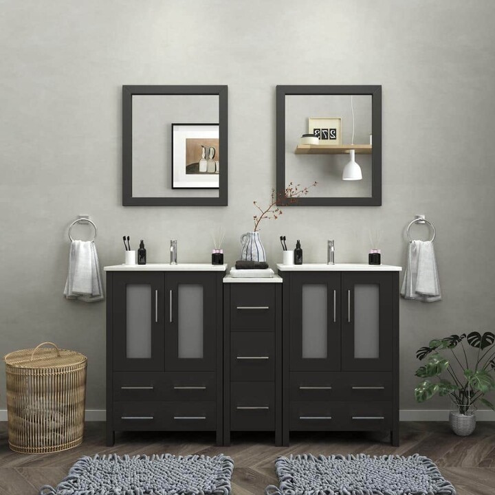 Vanity Art Brescia 60 in. W x 18.1 in. D x 35.8 in. H Double Basin Bathroom Vanity in Espresso with Top in White Ceramic and Mirror