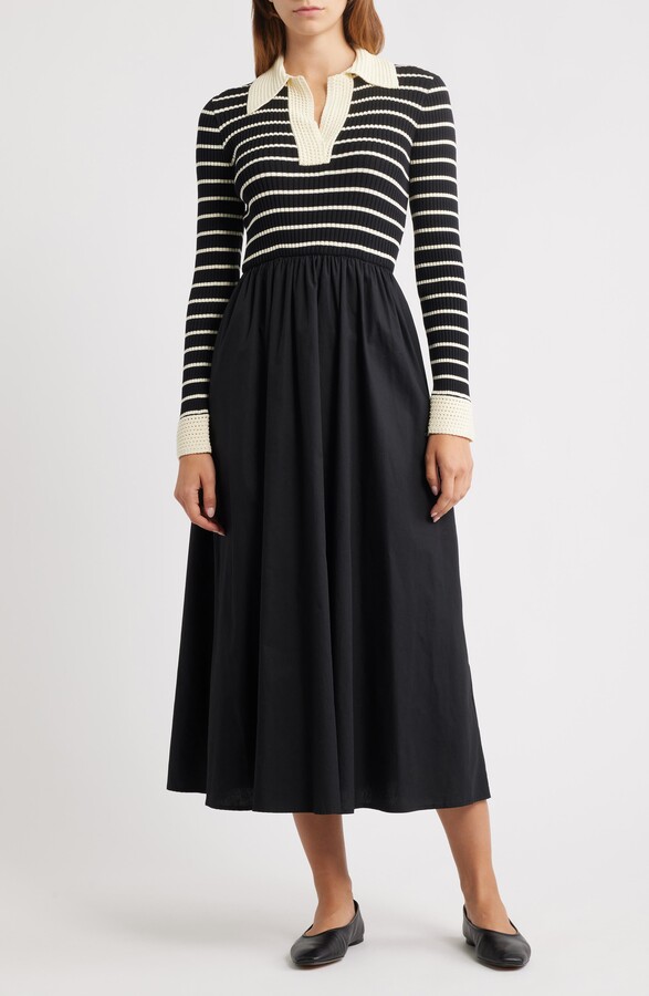 Moon River Stripe Long Sleeve Twofer Midi Dress