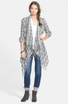 Thumbnail for your product : Billabong 'Fall For You' Fringe Flannel Shawl Collar Cardigan (Juniors)