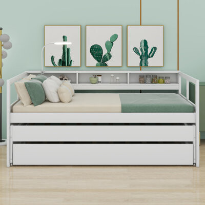 Latitude Run Wood Daybed With 2 Trundles 3 Storage Cubbies 1 Light And USB Charging Design