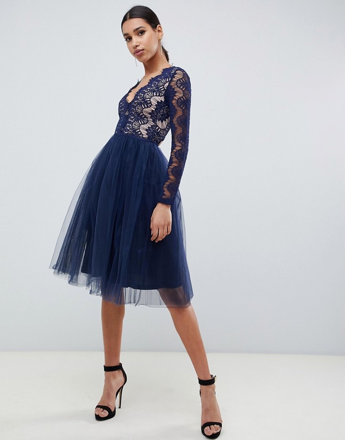 Rare London midi prom dress with scalloped lace detail in navy - ShopStyle