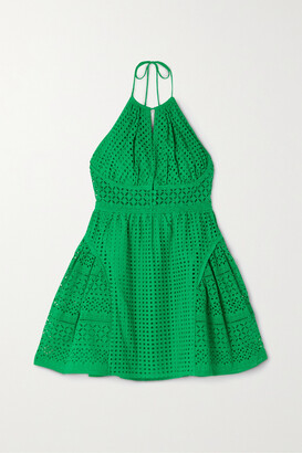 Self-Portrait Paneled Broderie Anglaise Cotton-voile Halterneck Mini Dress - Green