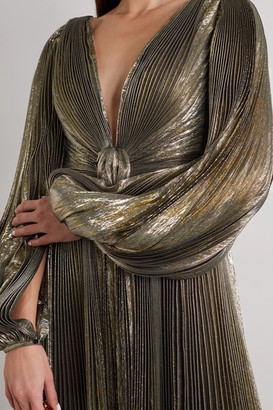 Oscar de la Renta Knotted Pleated Silk-blend Lame Gown - Gold