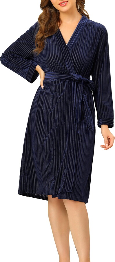 Unique Bargains Women’s Belt Tie Robe Winter Pajamas Nightgown Midi Warm Bathrobe M Navy