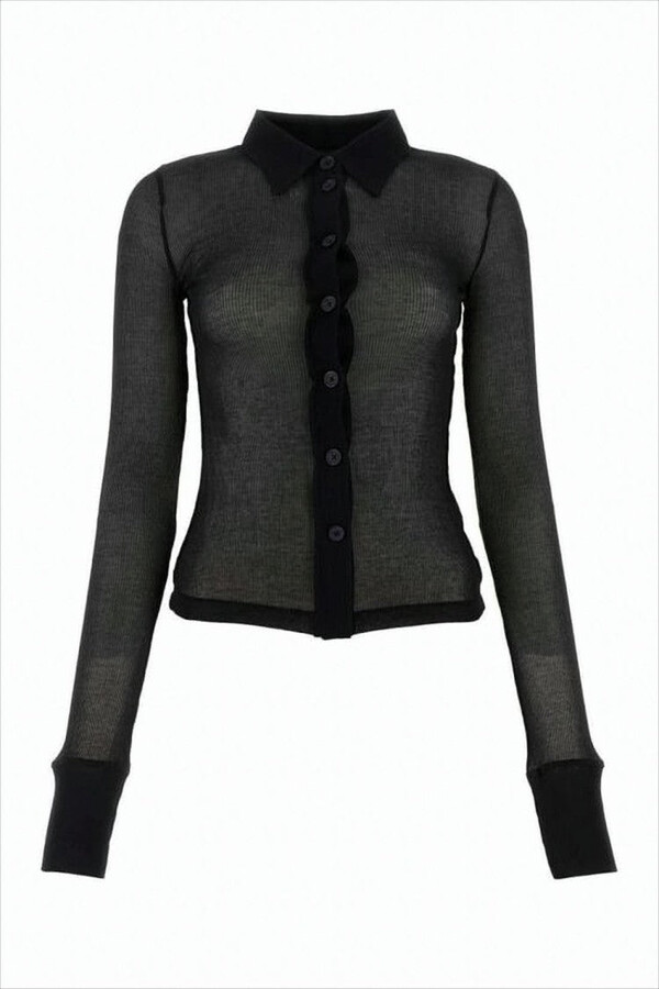 Helmut Lang Sheer Black Long-Sleeved Shirt With Scalloped Placket Detail