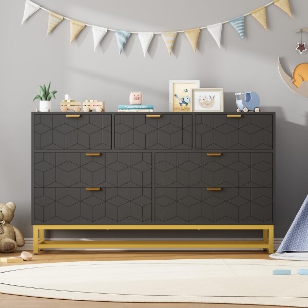 TruAIR BlackDresserforBedroom7DrawerChestwithGoldHandles