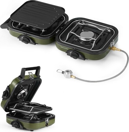 Naturehike2BurnerFoldingCampingStovewithGriddlePortableCampIsobutaneGasStovewith16000BTUAdjustableBurners&PiezoIgnition