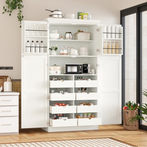 70.9''FarmhouseWhitePantryCabinetwithAdjustableShelves&8Pull-OutTraysDeepStorageOrganizerforKitchenDiningRoom-3irtyhousy