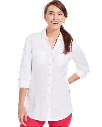 JM Collection Roll-Tab-Sleeve Linen Shirt