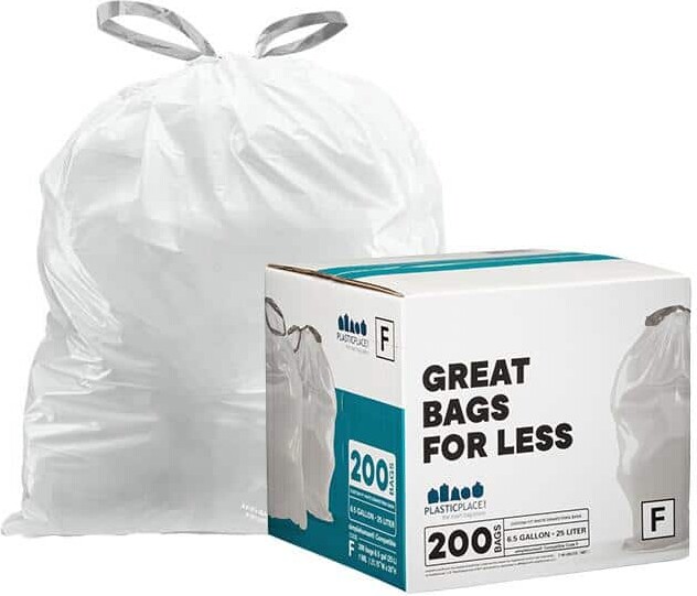 Plasticplace 6.5 Gal./ 25 Liter White Garbage Liners in.Compatible with Simplehuman Code F 21.75 in. x 20 in. (200 Count)