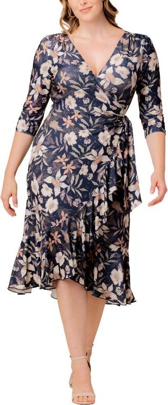 Kiyonna Plus Size Flirty Flounce Midi Wrap Dress with 3/4 Sleeves