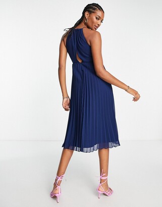 ASOS DESIGN pleated chiffon midi dress with halter neck in navy - ShopStyle