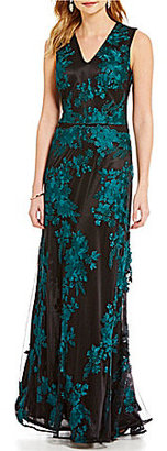 David Meister V-Neck Embroidered Lace A-Line Gown