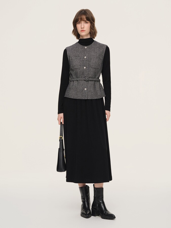 GOELIA Washable Wool Vest And Knit Dress Two-Piece Set With Belt - Smoke Grey / XS