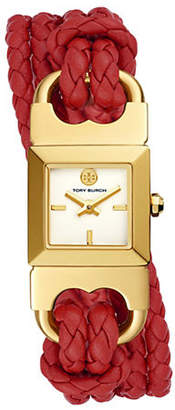 Tory Burch Womens Two-Hand Double T-Link Goldtone and Red Leather Watch