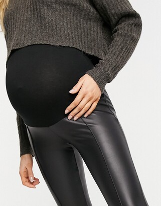 ASOS Maternity DESIGN Maternity leather look legging with bump band and pintuck in black