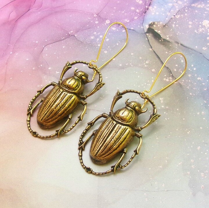 Etsy Lg Gold Scarab Earrings, Beetle Dangle Gold Rhodium, Kidney, Bug Earrings, Brass, Vintage Style, Egyptian, Earrings