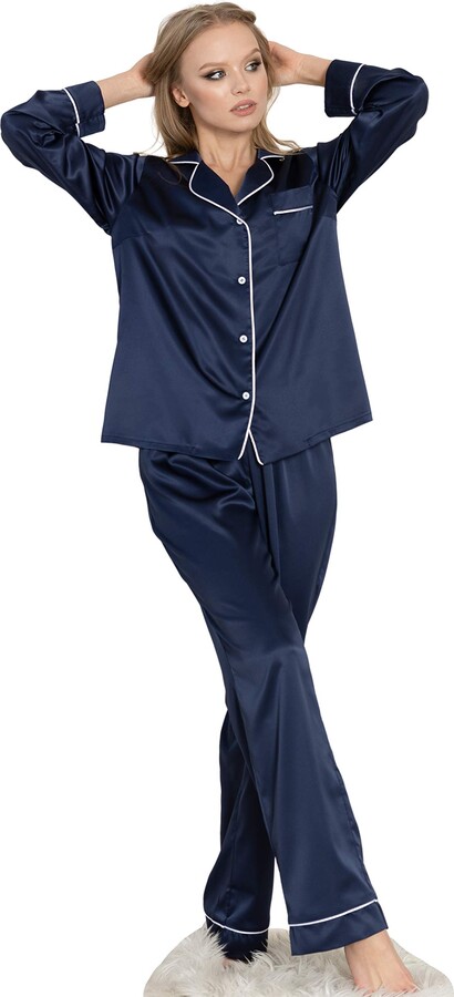 IDentity LNGR Navy Satin Ladies Pyjamas Set - ShopStyle