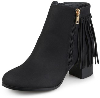 Unm Womens Fringed Pointy Toe Booties Inside Zip Up Ankle Boots with Zipper Dressy Chunky Mid Heels 