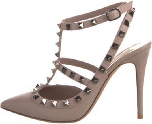 Valentino Leather T-Strap Pumps Neutrals Rockstud Accents Pointed-Toes with Studded Accents Multistrap & Buckle Closure at Ankles Designer