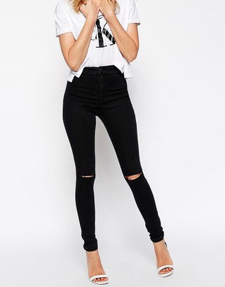 ASOS Rivington High Waist Denim Jeggings In Washed Black With Ripped Knees