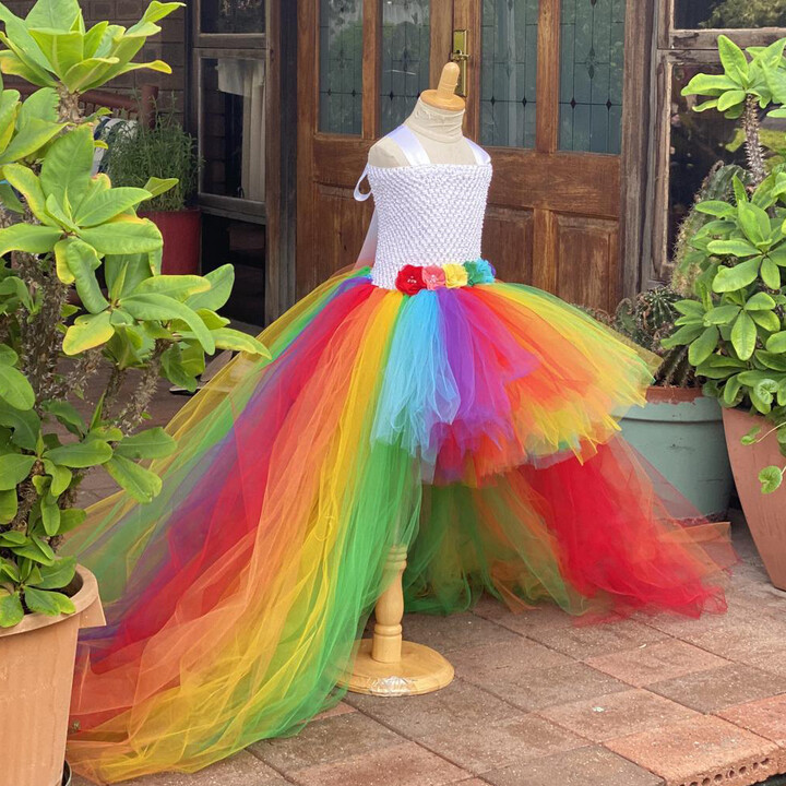 BAYIMAYEE Baby Girls Rainbow Color Trailing Tutu Dress Kids Crochet Flower Tulle Dress Ball Gown Children Evening Party Costume Dresses